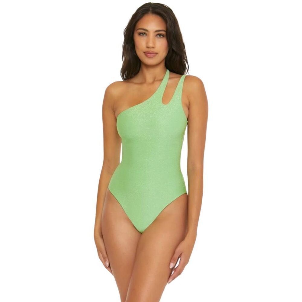 NWT BECCA Glimmer Shoulder One Piece Swimsuit Sparkly Lime Green Cutout Small